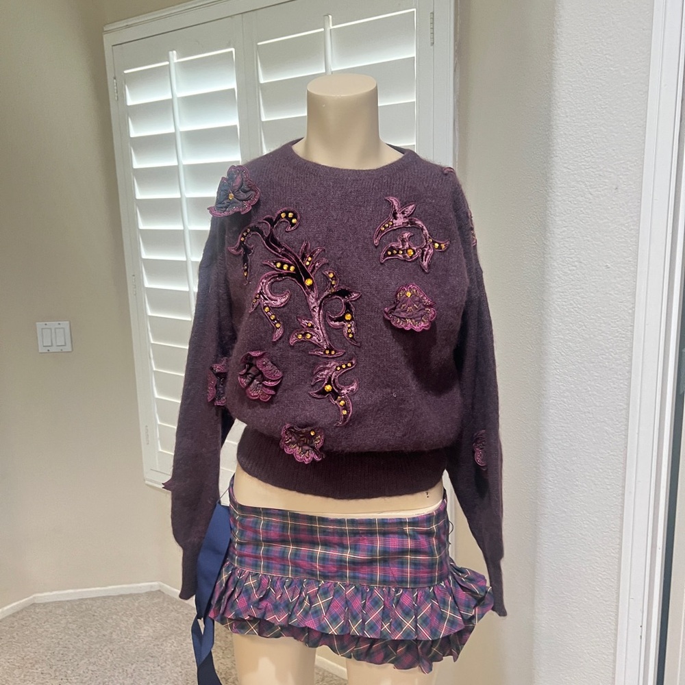 Vintage Escada by Margaretha Ley Mohair Knit Floral Appliqué Sweater Brown Small
